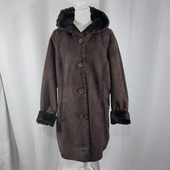 DENIM & CO.! RICH ESPRESSO BROWN VEGAN SUEDE & SHEARLING LINED JACKET! SZ XL - Picture 2 of 14
